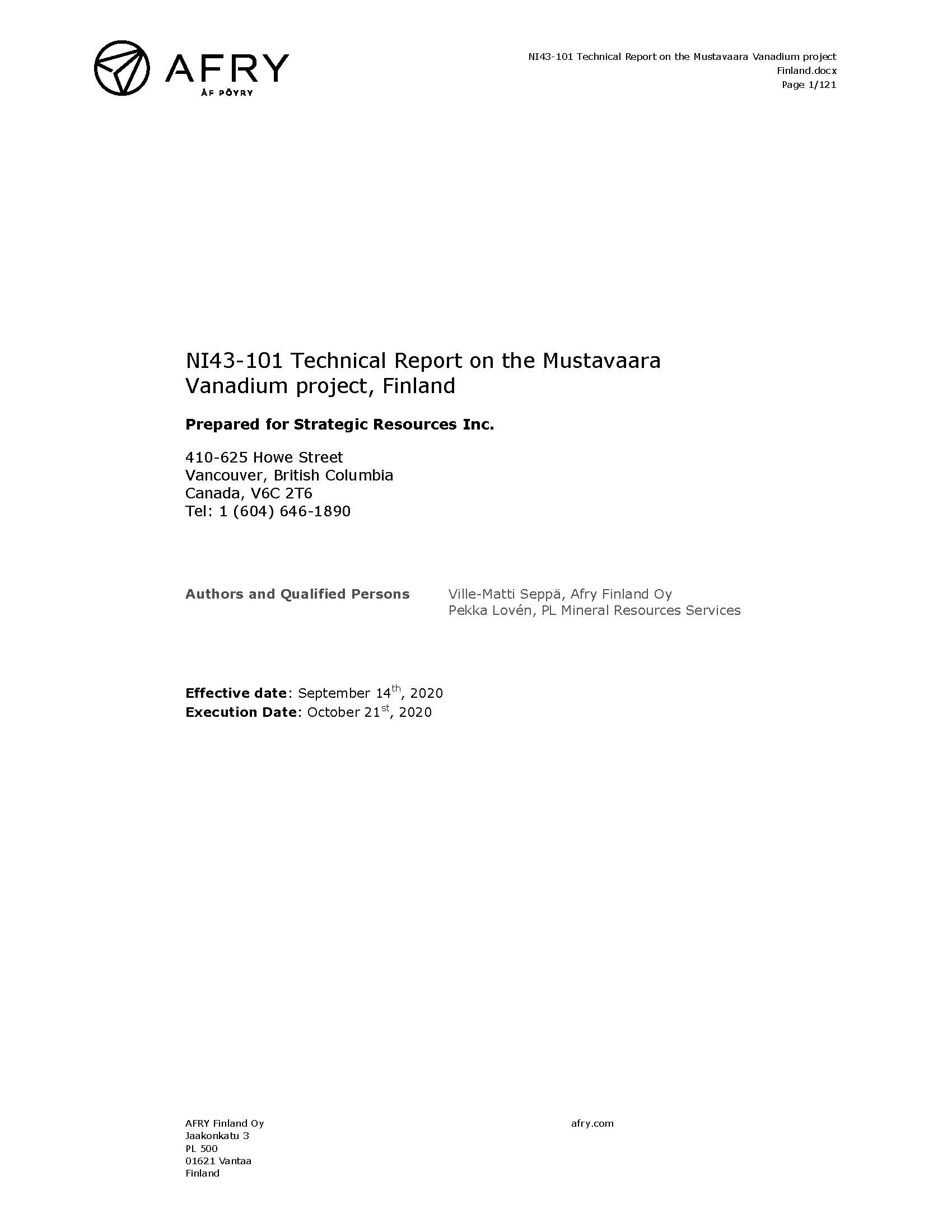 NI43-101 Technical Report - Mustavaara, Finland - Sep 2020