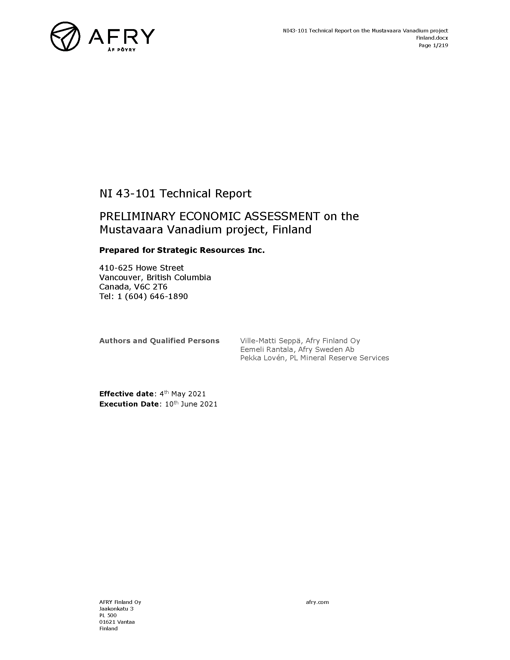 NI 43-101 Technical Report - PEA Mustavaara - May 2021
